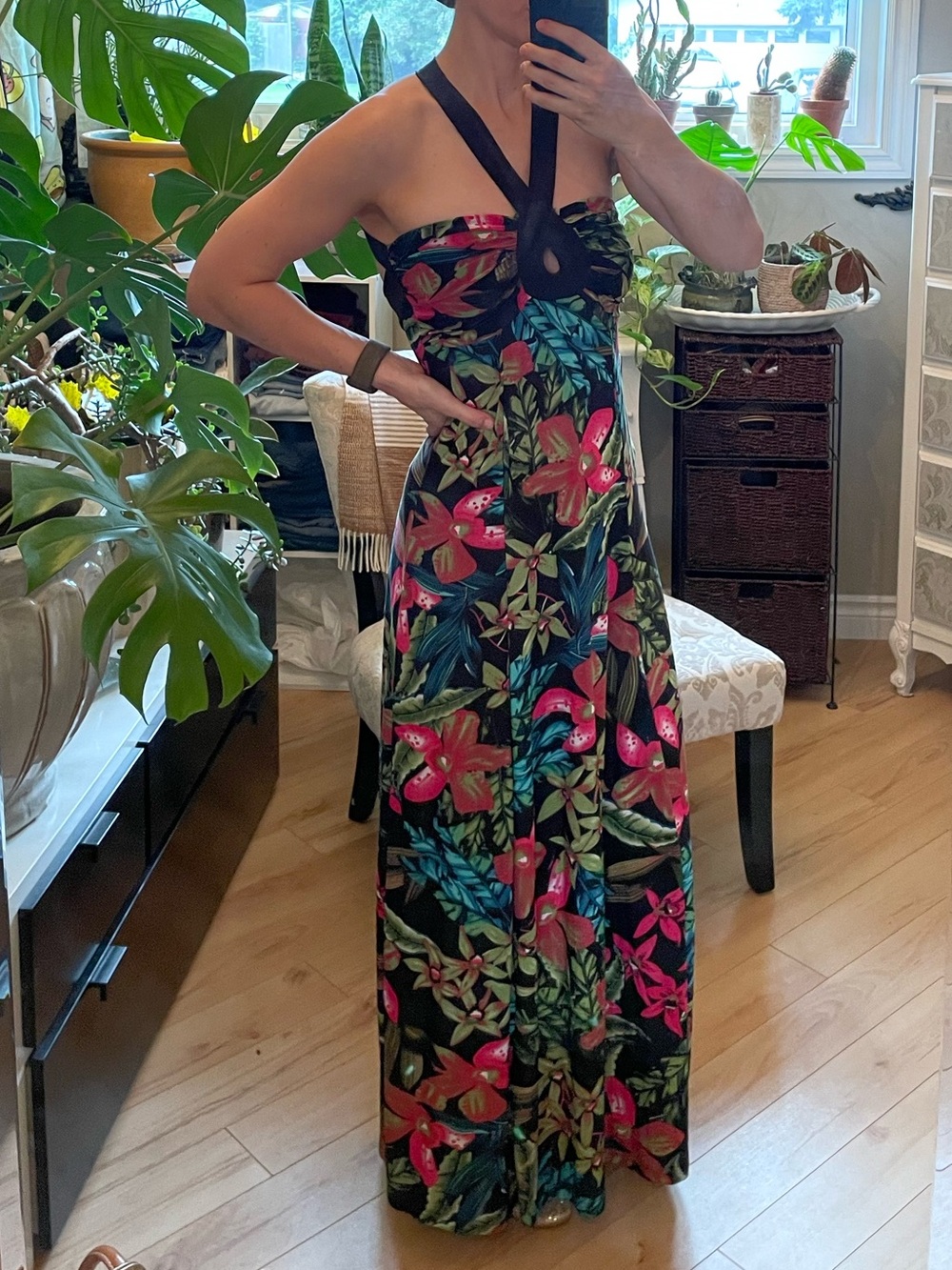 QED London Black Floral Maxi Dress with Pink & Green Tropical Print